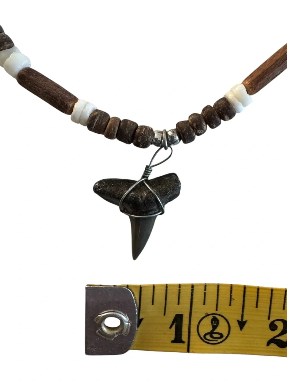 Brown and White Beaded Necklace with Shark Tooth Pendant